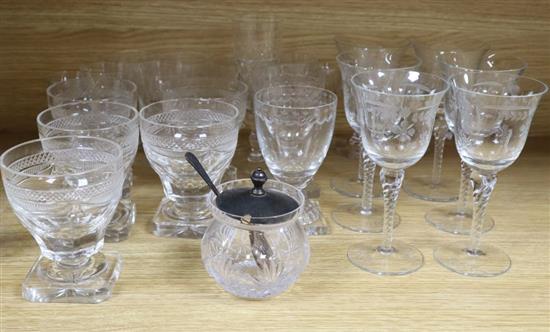 A collection of cut and moulded drinking glassware, including seven slab based rummers